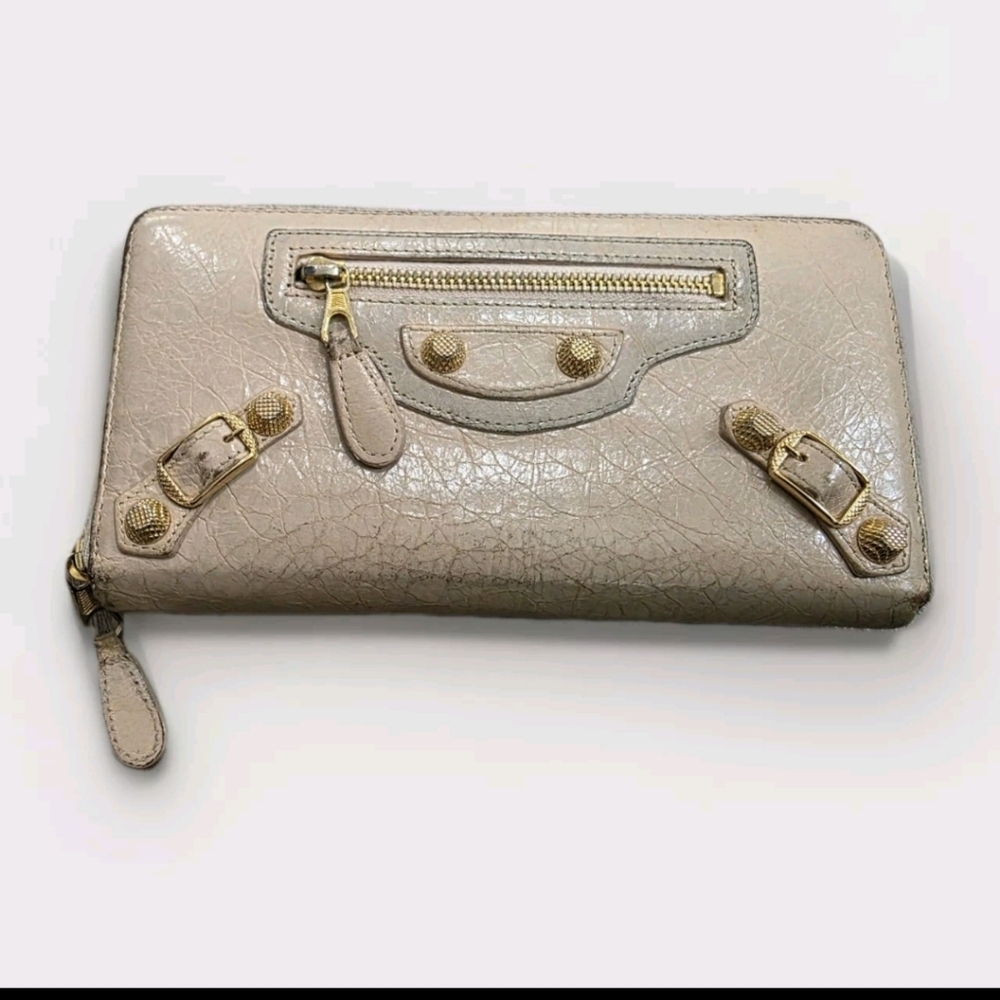 Balenciaga Authentic Leather Zip Around Wallet Designer Creme Ivory Studded Y2K